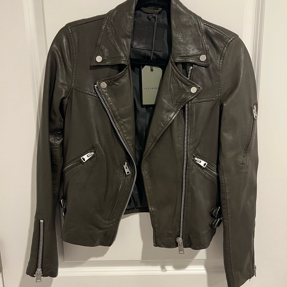 NWT AllSaints Dark Khaki Leather Jacket
